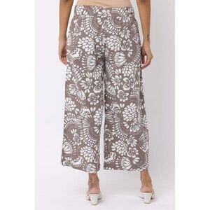 Dash Womens Large Brown White Floral Linen Blend Wide Leg Crop Pants